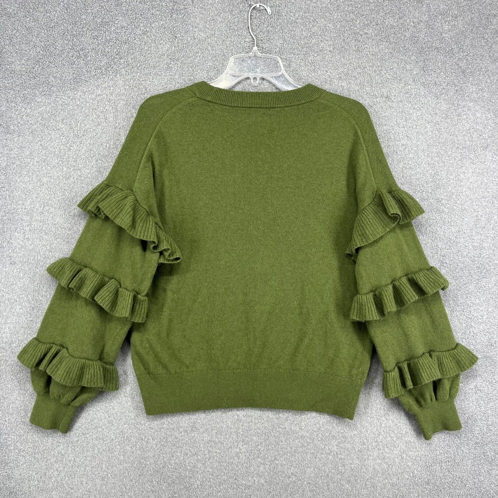 J.Crew Ruffle Sleeve Sweater Womens Large Green Wool Blend Tiered Knit Pullover - Picture 2 of 15